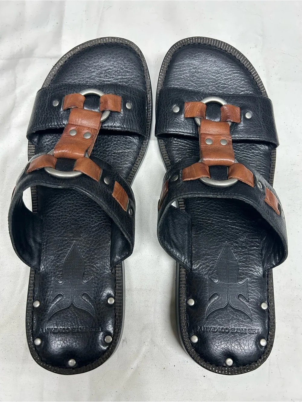 Frye Black and Brown Leather Slide Sandals with Ring Accents